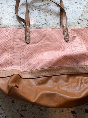 Women's Pink and Tan Tote Bag - Faux Snakeskin Accent